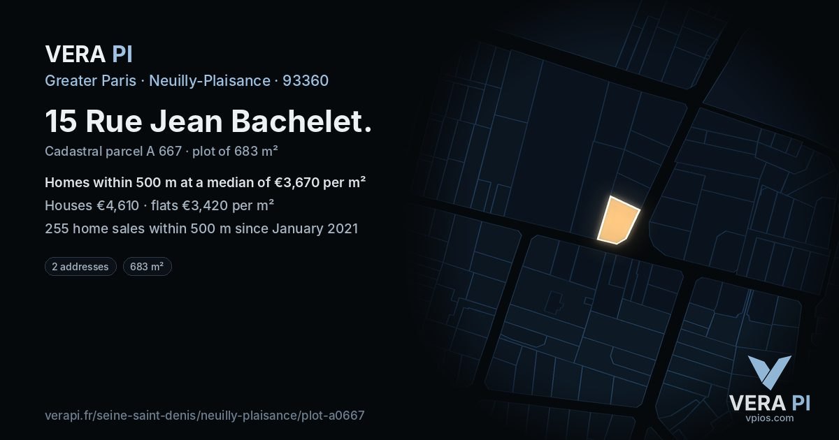 15 Rue Jean Bachelet, Neuilly-Plaisance at night – the plot lit, the parcels around coloured by the prices near them