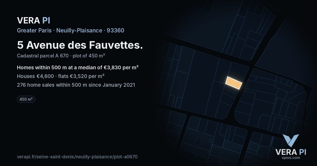 5 Avenue des Fauvettes, Neuilly-Plaisance at night – the plot lit, the parcels around coloured by the prices near them