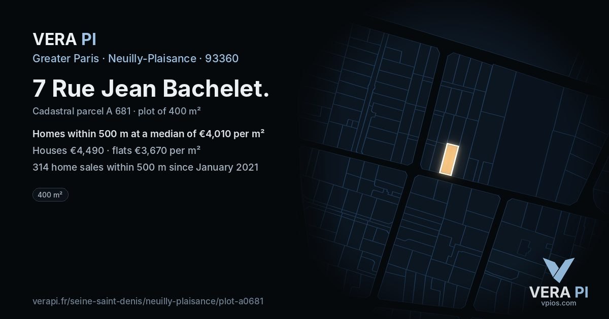 7 Rue Jean Bachelet, Neuilly-Plaisance at night – the plot lit, the parcels around coloured by the prices near them