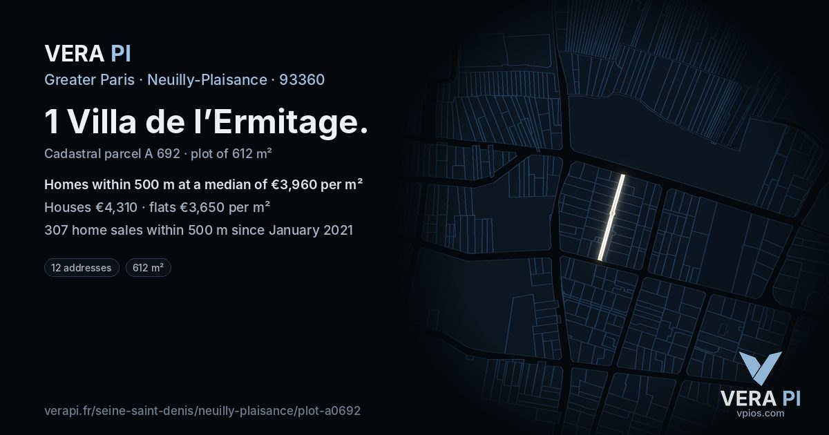 1 Villa de l’Ermitage, Neuilly-Plaisance at night – the plot lit, the parcels around coloured by the prices near them