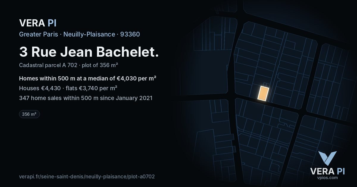 3 Rue Jean Bachelet, Neuilly-Plaisance at night – the plot lit, the parcels around coloured by the prices near them
