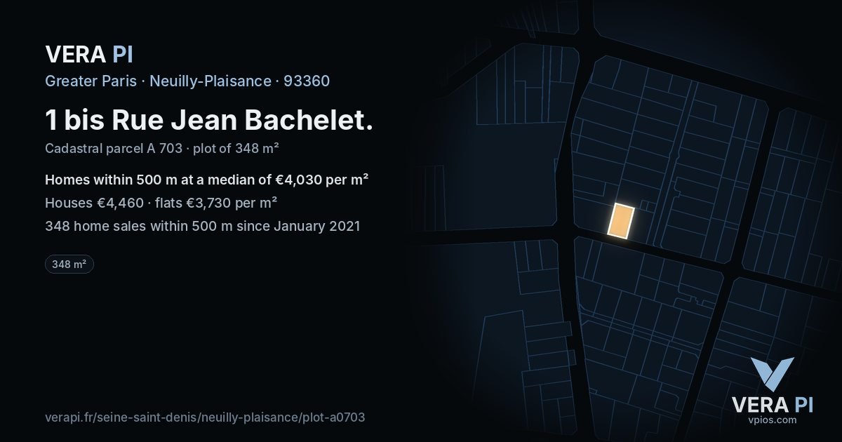 1 bis Rue Jean Bachelet, Neuilly-Plaisance at night – the plot lit, the parcels around coloured by the prices near them