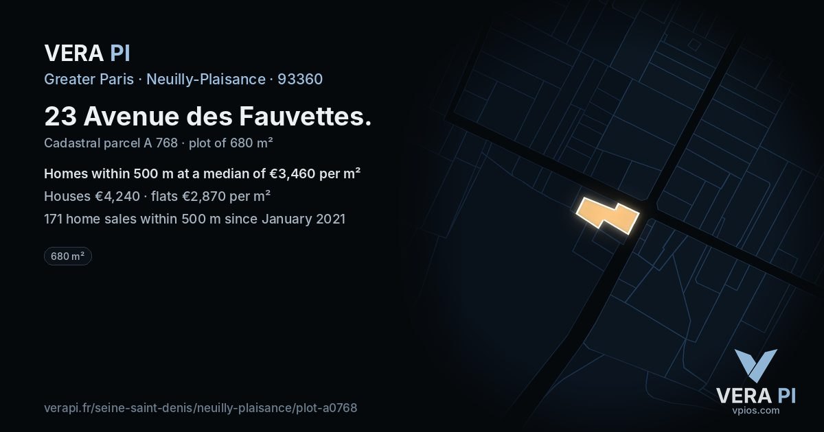 23 Avenue des Fauvettes, Neuilly-Plaisance at night – the plot lit, the parcels around coloured by the prices near them
