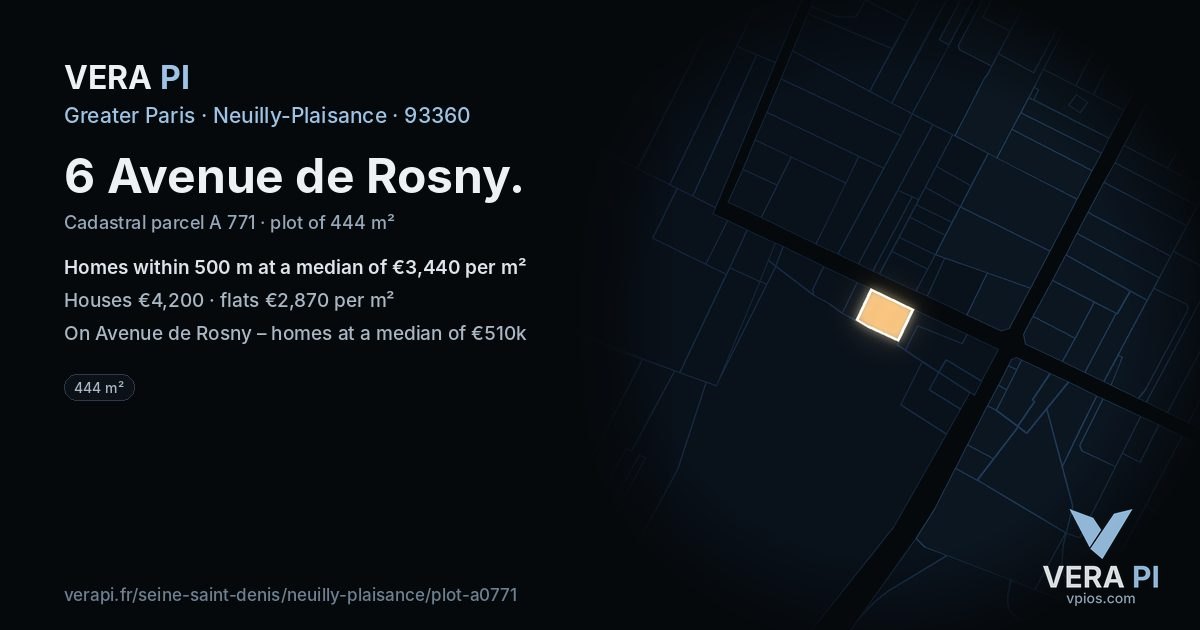 6 Avenue de Rosny, Neuilly-Plaisance at night – the plot lit, the parcels around coloured by the prices near them