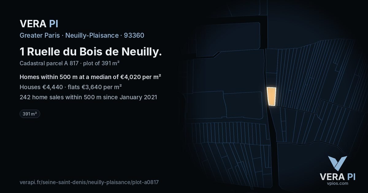 1 Ruelle du Bois de Neuilly, Neuilly-Plaisance at night – the plot lit, the parcels around coloured by the prices near them