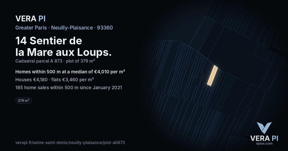 14 Sentier de la Mare aux Loups, Neuilly-Plaisance at night – the plot lit, the parcels around coloured by the prices near them