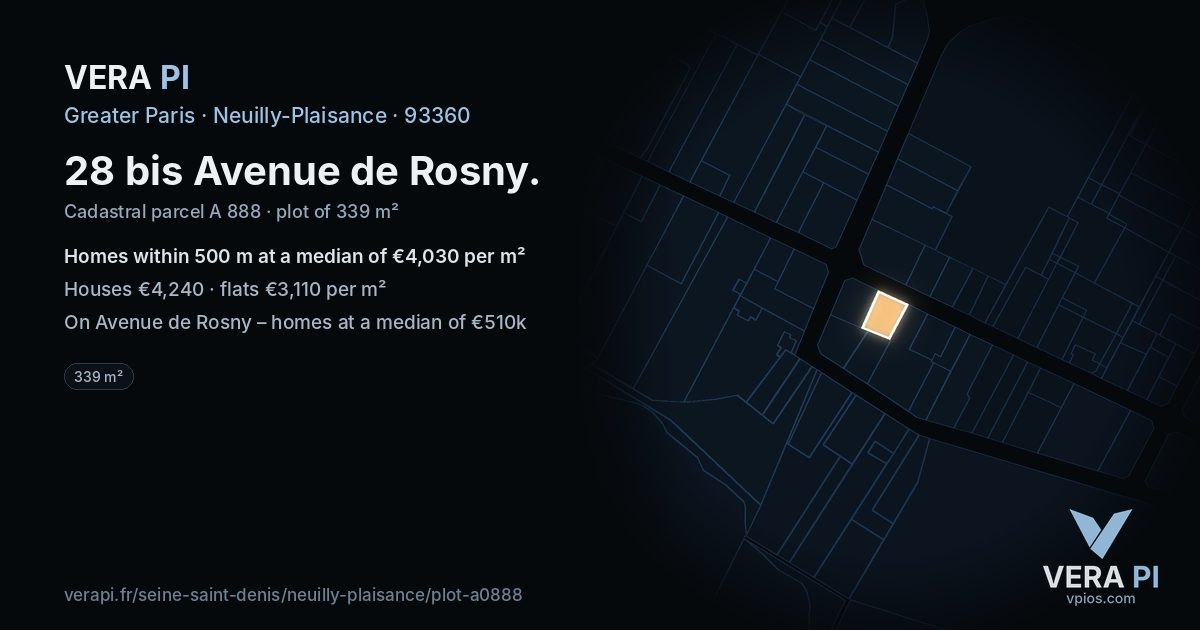 28 bis Avenue de Rosny, Neuilly-Plaisance at night – the plot lit, the parcels around coloured by the prices near them