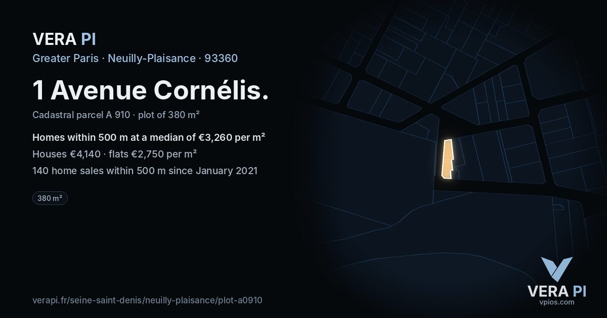 1 Avenue Cornélis, Neuilly-Plaisance at night – the plot lit, the parcels around coloured by the prices near them