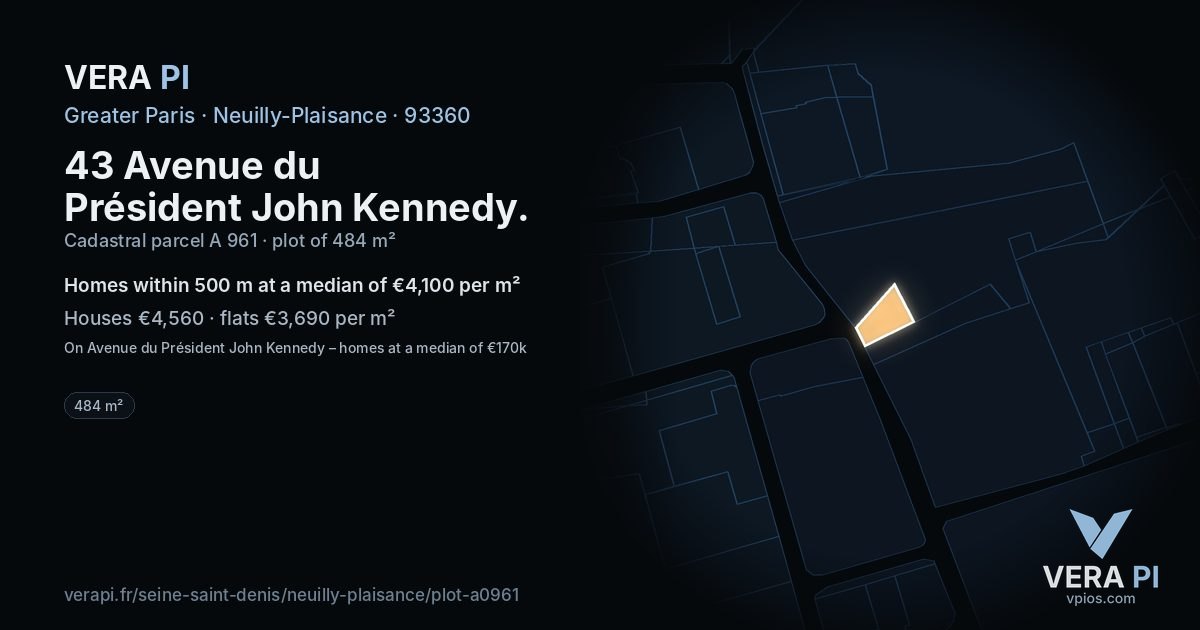 43 Avenue du Président John Kennedy, Neuilly-Plaisance at night – the plot lit, the parcels around coloured by the prices near them