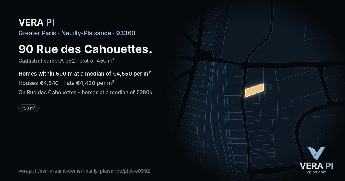 90 Rue des Cahouettes, Neuilly-Plaisance at night – the plot lit, the parcels around coloured by the prices near them