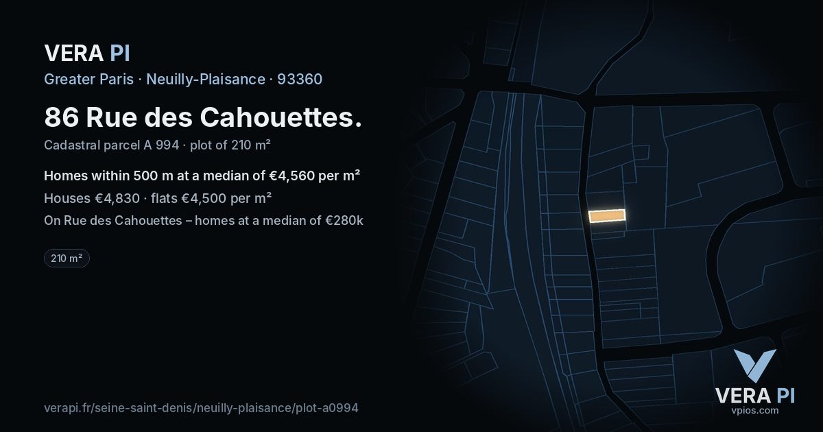 86 Rue des Cahouettes, Neuilly-Plaisance at night – the plot lit, the parcels around coloured by the prices near them