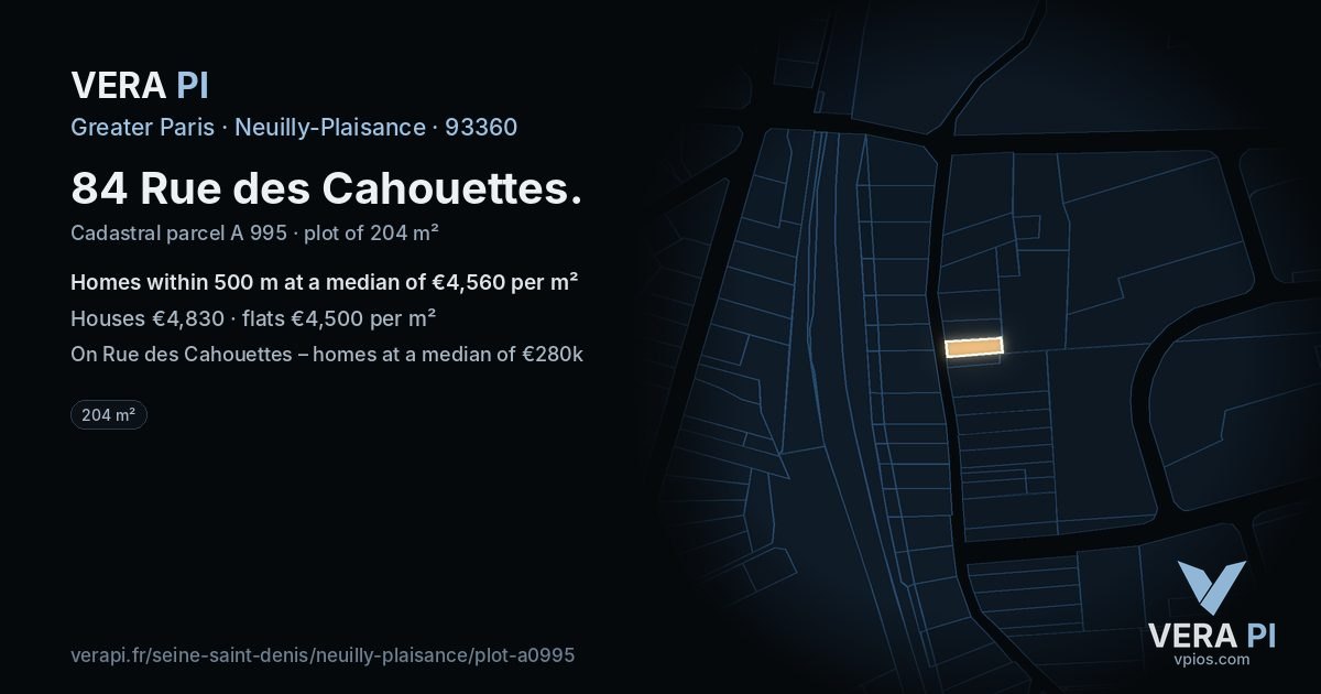 84 Rue des Cahouettes, Neuilly-Plaisance at night – the plot lit, the parcels around coloured by the prices near them