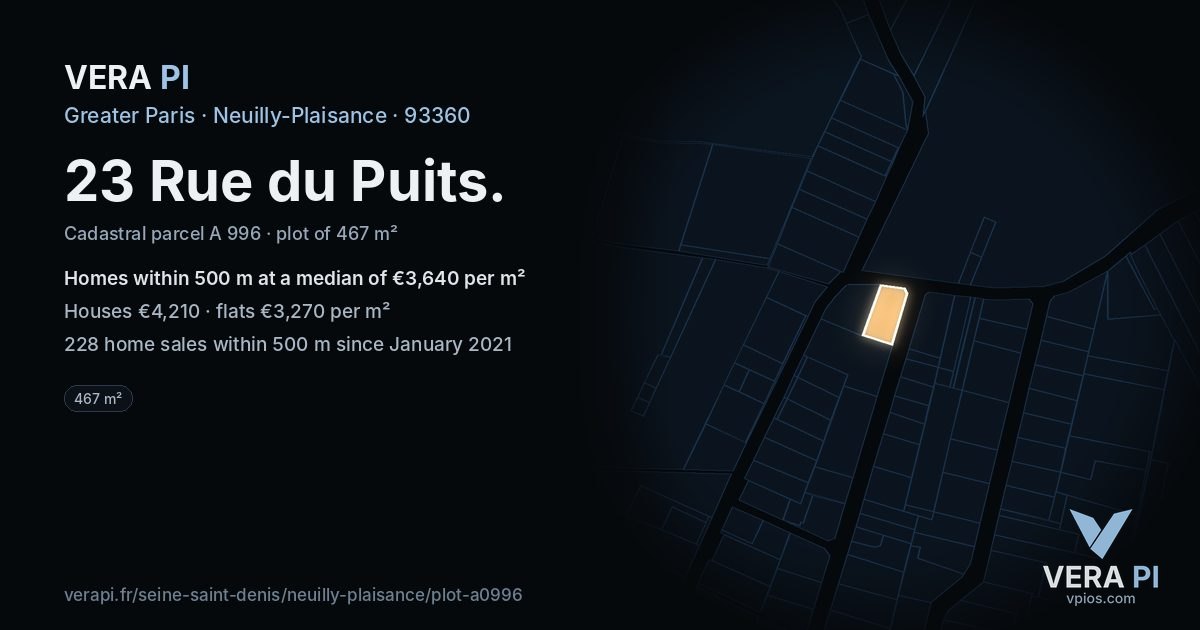 23 Rue du Puits, Neuilly-Plaisance at night – the plot lit, the parcels around coloured by the prices near them