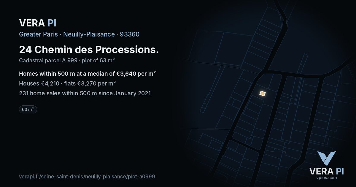 24 Chemin des Processions, Neuilly-Plaisance at night – the plot lit, the parcels around coloured by the prices near them