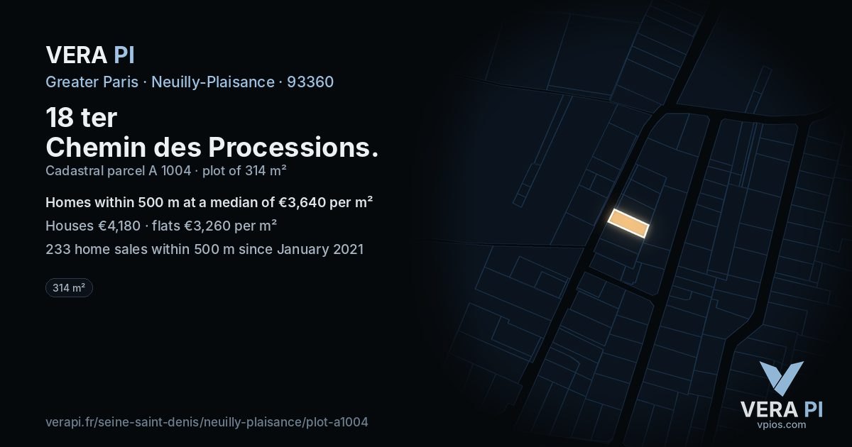 18 ter Chemin des Processions, Neuilly-Plaisance at night – the plot lit, the parcels around coloured by the prices near them