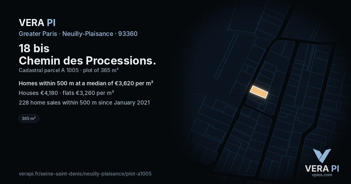 18 bis Chemin des Processions, Neuilly-Plaisance at night – the plot lit, the parcels around coloured by the prices near them