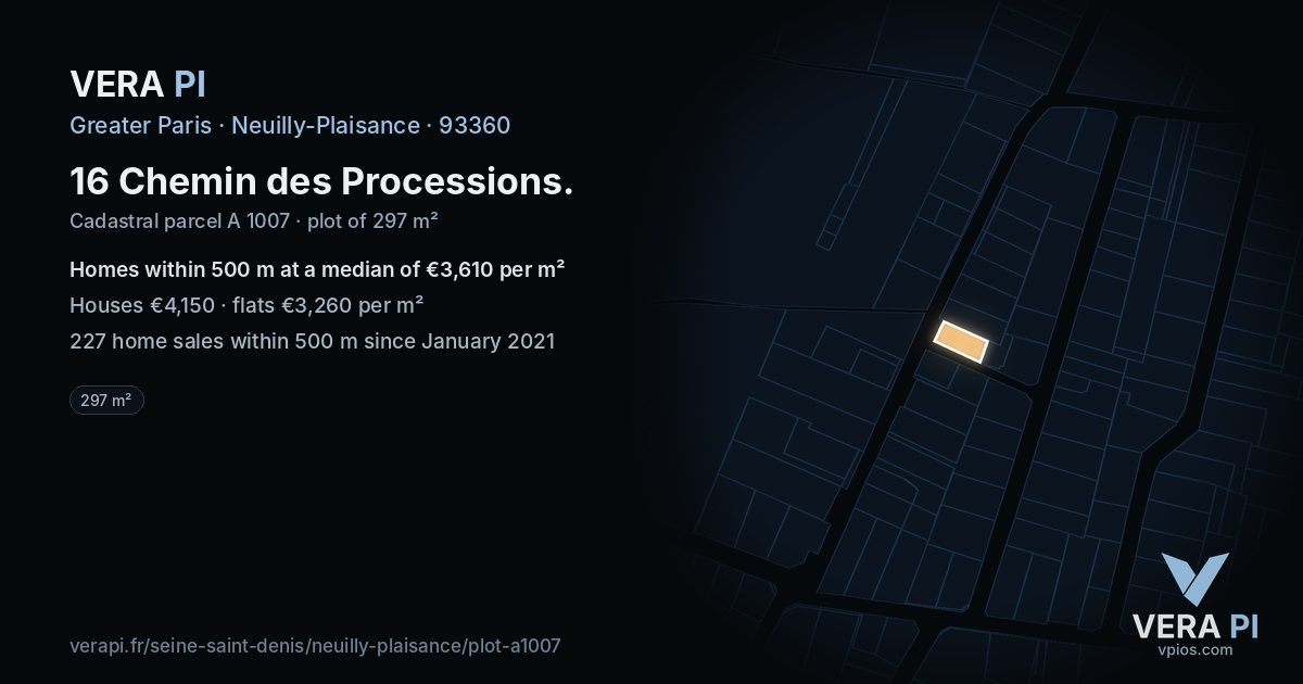 16 Chemin des Processions, Neuilly-Plaisance at night – the plot lit, the parcels around coloured by the prices near them