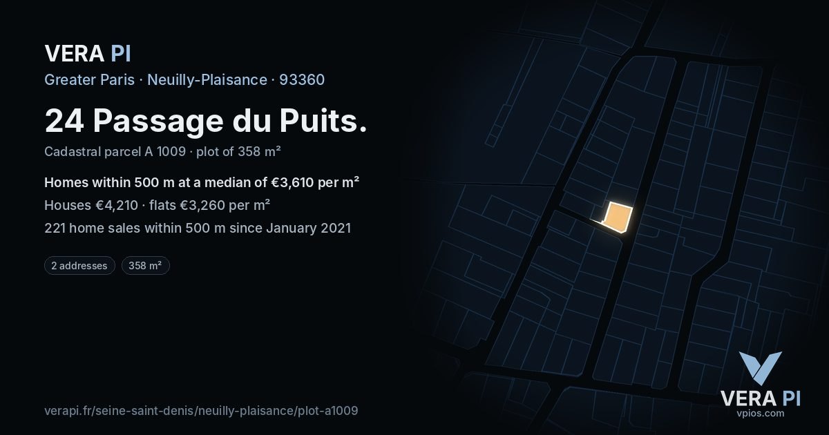24 Passage du Puits, Neuilly-Plaisance at night – the plot lit, the parcels around coloured by the prices near them