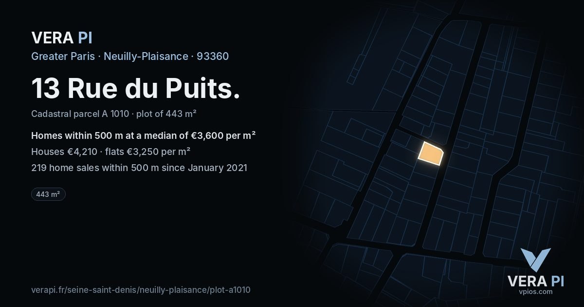 13 Rue du Puits, Neuilly-Plaisance at night – the plot lit, the parcels around coloured by the prices near them