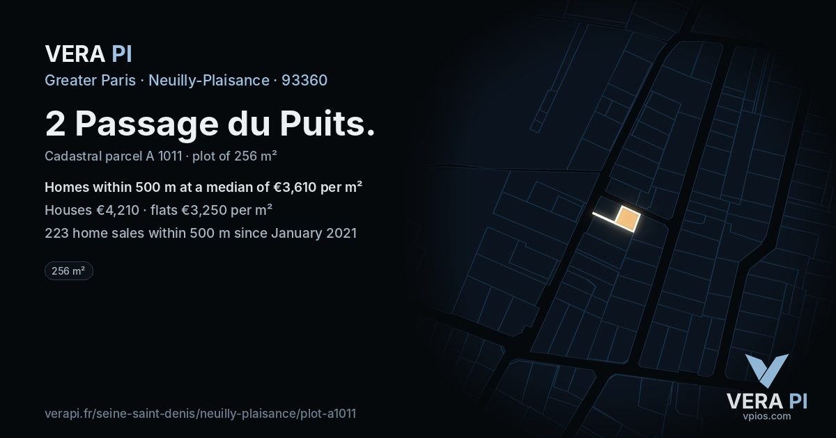 2 Passage du Puits, Neuilly-Plaisance at night – the plot lit, the parcels around coloured by the prices near them