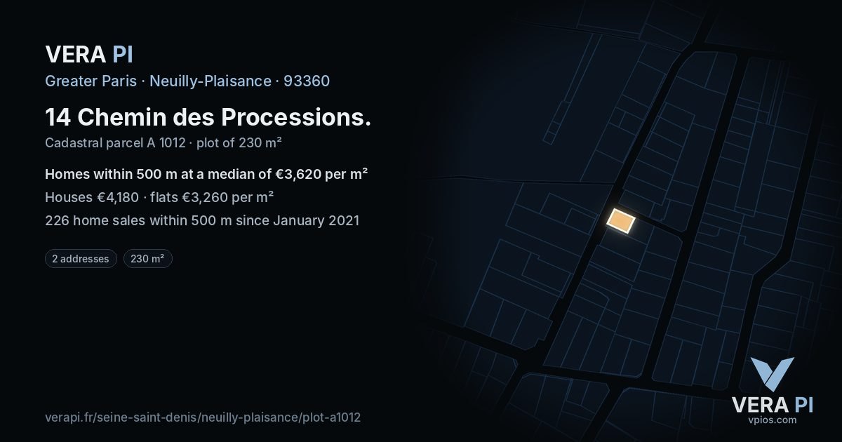14 Chemin des Processions, Neuilly-Plaisance at night – the plot lit, the parcels around coloured by the prices near them