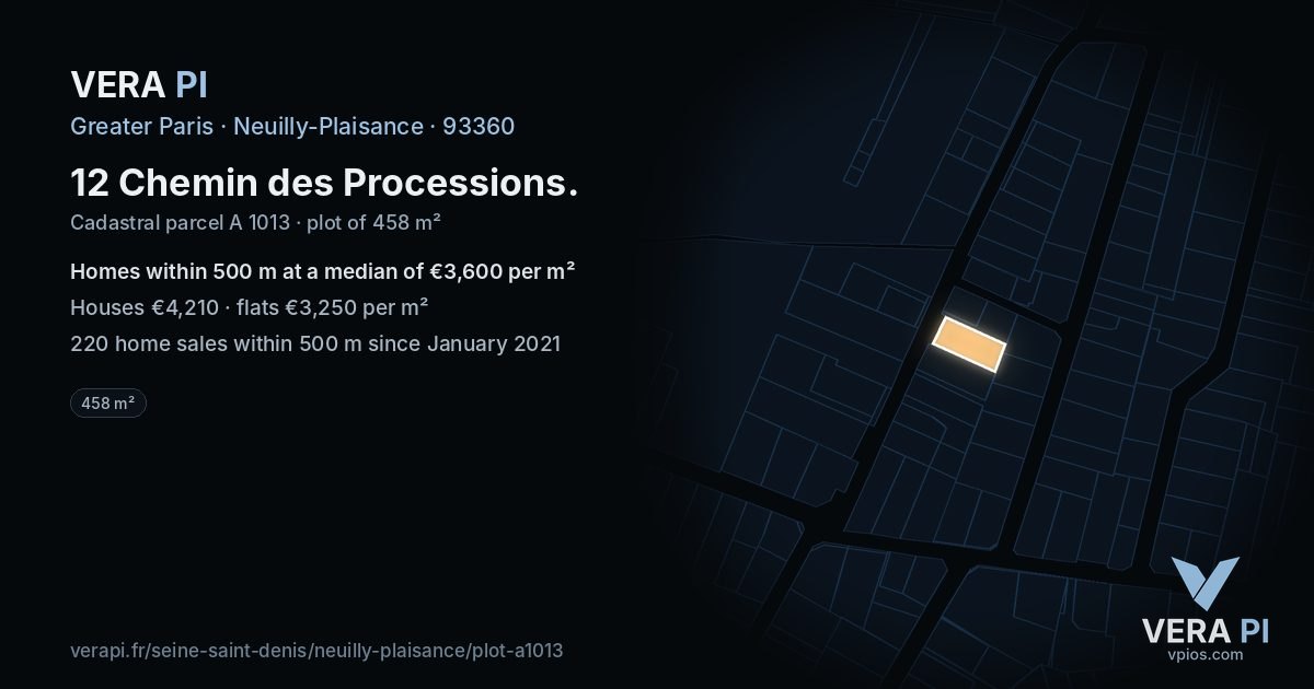 12 Chemin des Processions, Neuilly-Plaisance at night – the plot lit, the parcels around coloured by the prices near them
