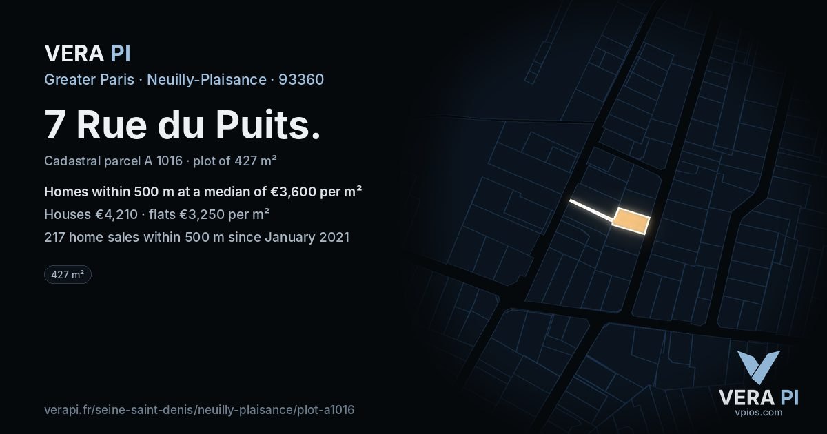 7 Rue du Puits, Neuilly-Plaisance at night – the plot lit, the parcels around coloured by the prices near them