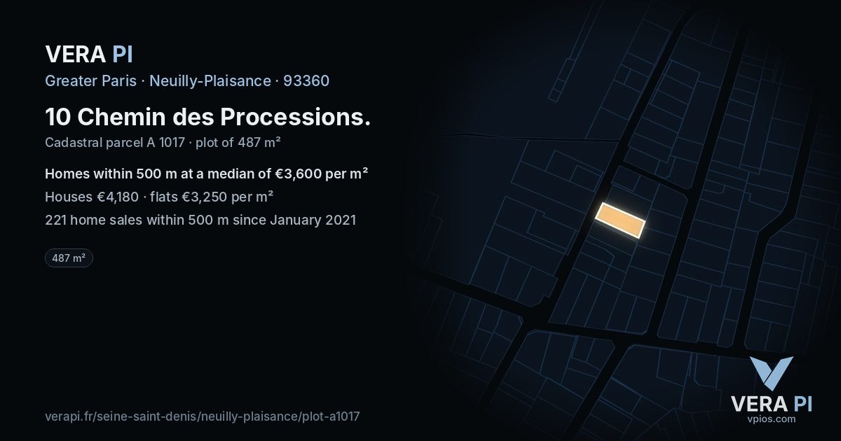 10 Chemin des Processions, Neuilly-Plaisance at night – the plot lit, the parcels around coloured by the prices near them