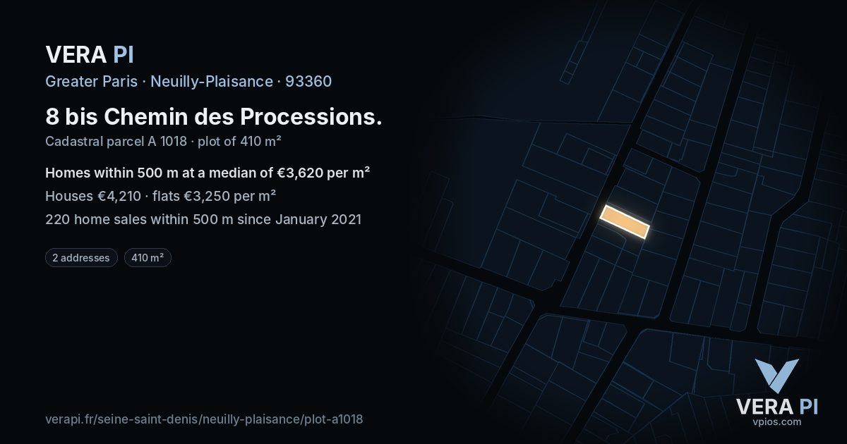 8 bis Chemin des Processions, Neuilly-Plaisance at night – the plot lit, the parcels around coloured by the prices near them