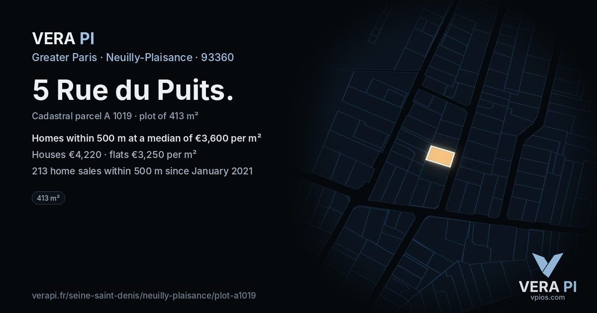 5 Rue du Puits, Neuilly-Plaisance at night – the plot lit, the parcels around coloured by the prices near them