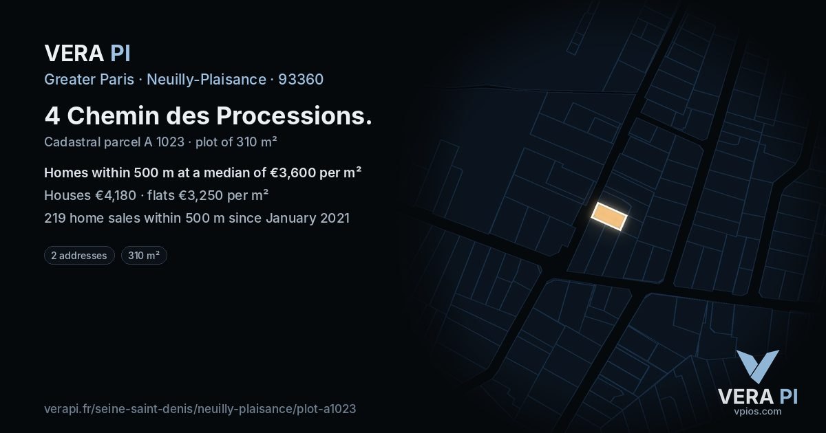 4 Chemin des Processions, Neuilly-Plaisance at night – the plot lit, the parcels around coloured by the prices near them