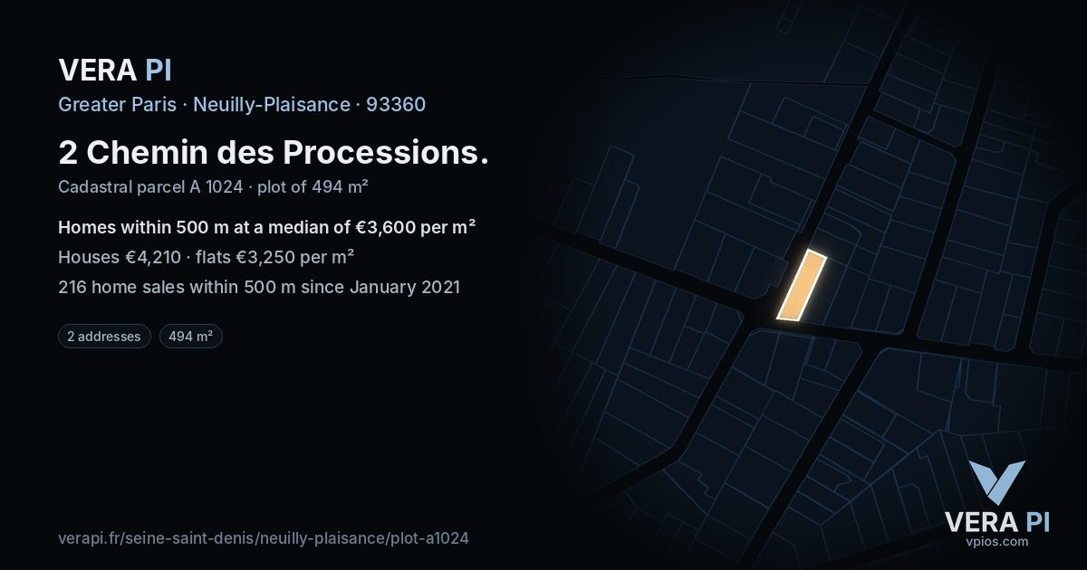 2 Chemin des Processions, Neuilly-Plaisance at night – the plot lit, the parcels around coloured by the prices near them