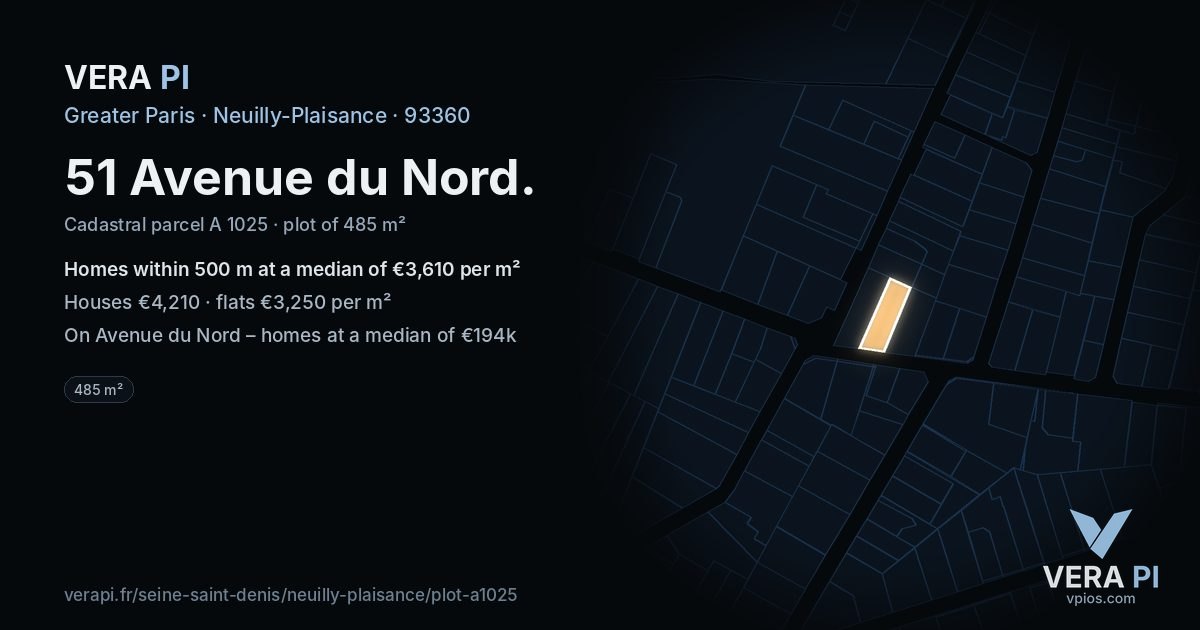 51 Avenue du Nord, Neuilly-Plaisance at night – the plot lit, the parcels around coloured by the prices near them