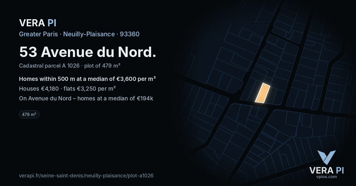 53 Avenue du Nord, Neuilly-Plaisance at night – the plot lit, the parcels around coloured by the prices near them