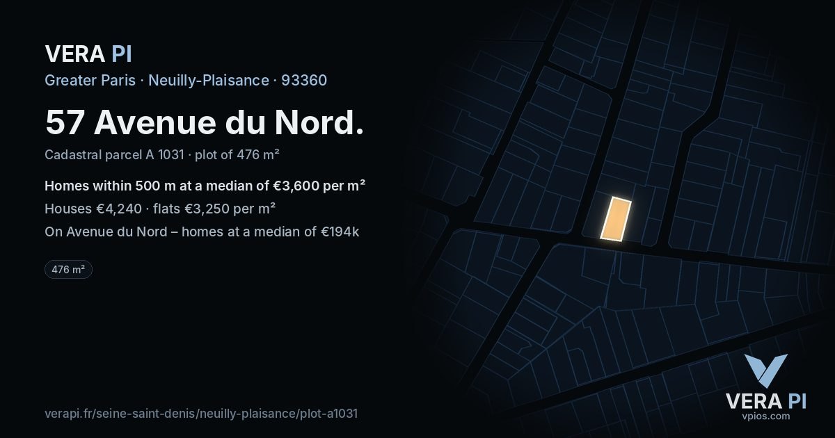57 Avenue du Nord, Neuilly-Plaisance at night – the plot lit, the parcels around coloured by the prices near them