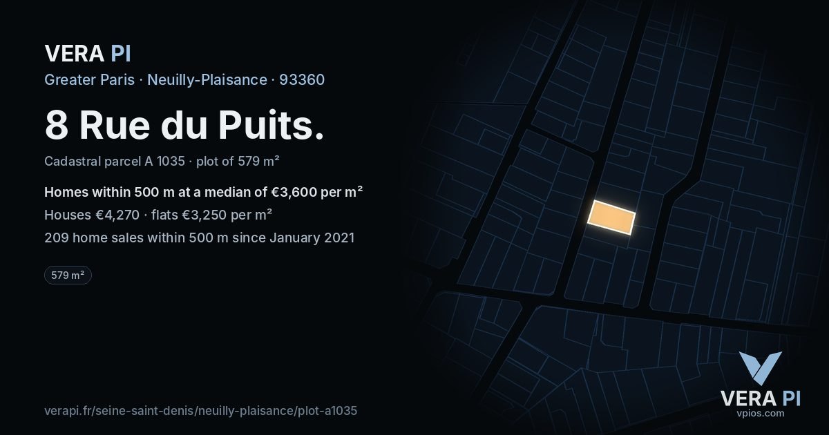 8 Rue du Puits, Neuilly-Plaisance at night – the plot lit, the parcels around coloured by the prices near them