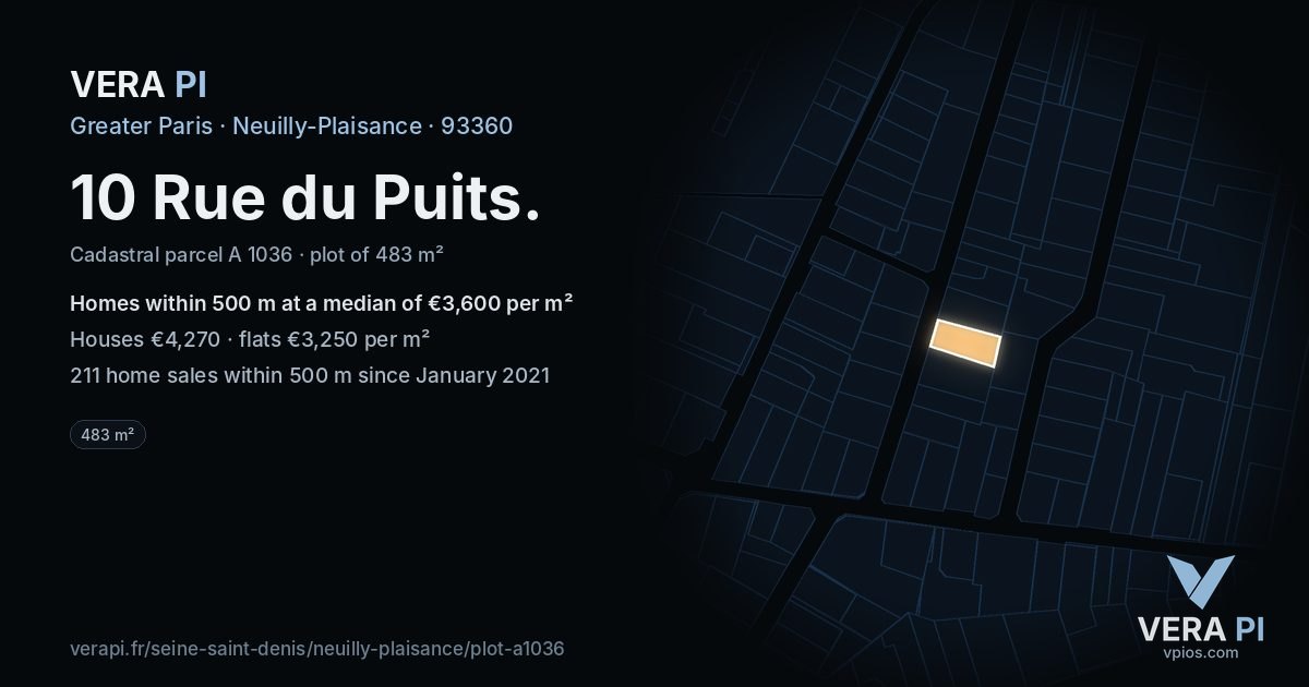 10 Rue du Puits, Neuilly-Plaisance at night – the plot lit, the parcels around coloured by the prices near them