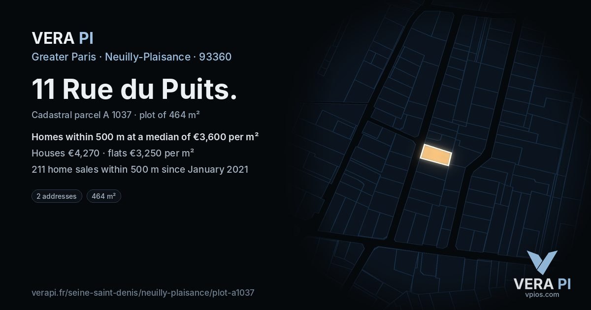 11 Rue du Puits, Neuilly-Plaisance at night – the plot lit, the parcels around coloured by the prices near them