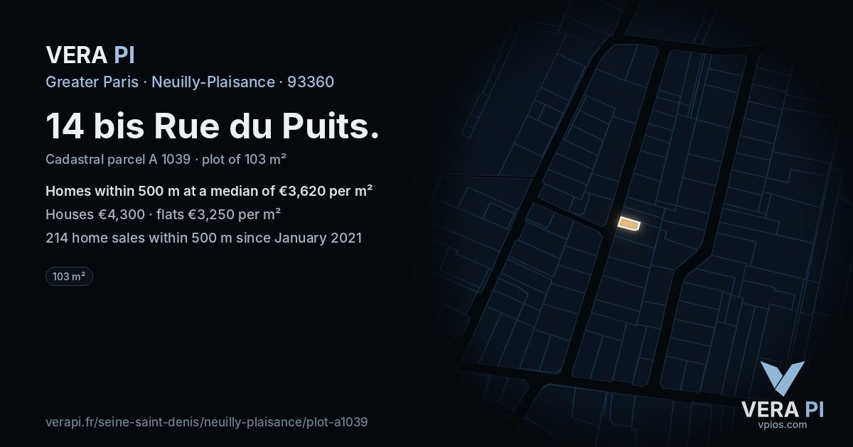 14 bis Rue du Puits, Neuilly-Plaisance at night – the plot lit, the parcels around coloured by the prices near them