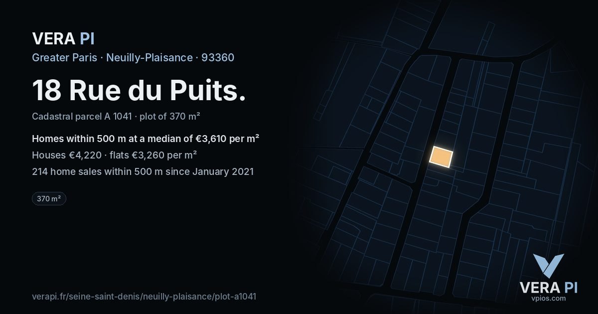 18 Rue du Puits, Neuilly-Plaisance at night – the plot lit, the parcels around coloured by the prices near them