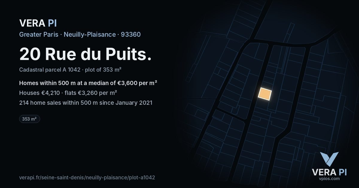 20 Rue du Puits, Neuilly-Plaisance at night – the plot lit, the parcels around coloured by the prices near them