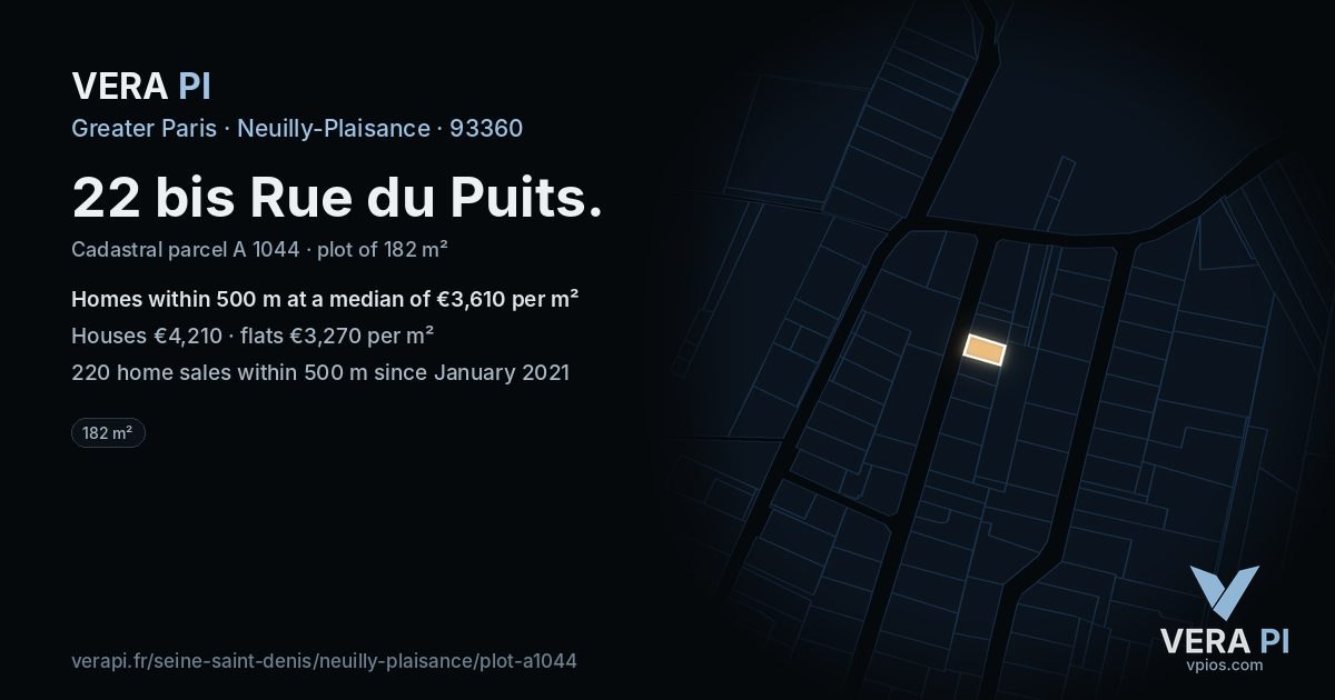 22 bis Rue du Puits, Neuilly-Plaisance at night – the plot lit, the parcels around coloured by the prices near them