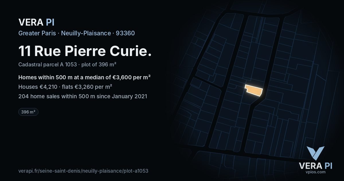 11 Rue Pierre Curie, Neuilly-Plaisance at night – the plot lit, the parcels around coloured by the prices near them