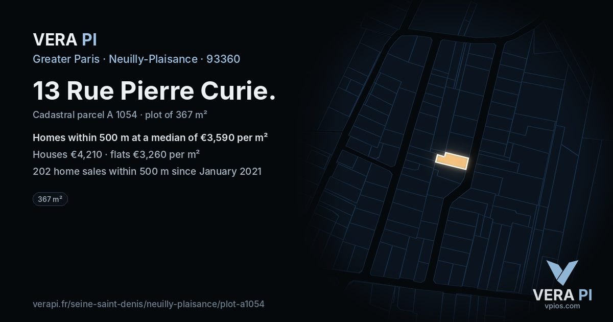 13 Rue Pierre Curie, Neuilly-Plaisance at night – the plot lit, the parcels around coloured by the prices near them