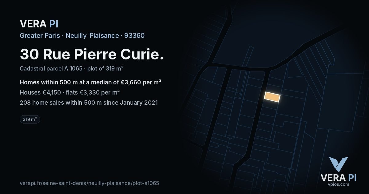 30 Rue Pierre Curie, Neuilly-Plaisance at night – the plot lit, the parcels around coloured by the prices near them