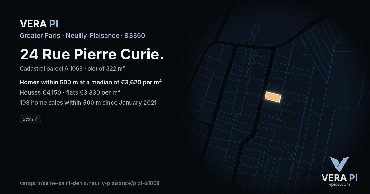 24 Rue Pierre Curie, Neuilly-Plaisance at night – the plot lit, the parcels around coloured by the prices near them
