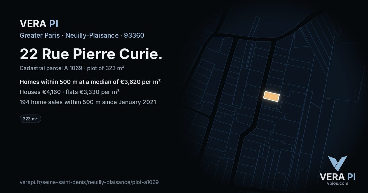22 Rue Pierre Curie, Neuilly-Plaisance at night – the plot lit, the parcels around coloured by the prices near them