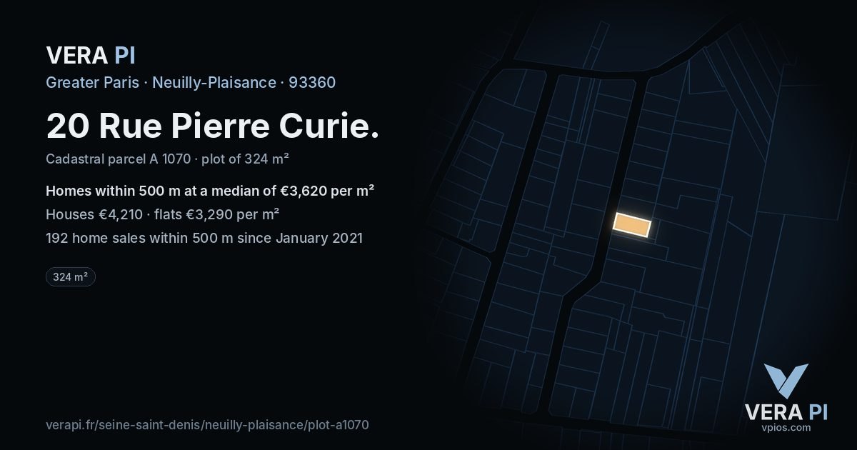 20 Rue Pierre Curie, Neuilly-Plaisance at night – the plot lit, the parcels around coloured by the prices near them