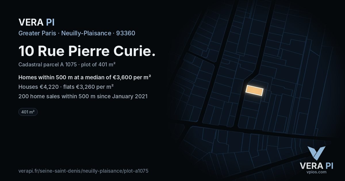 10 Rue Pierre Curie, Neuilly-Plaisance at night – the plot lit, the parcels around coloured by the prices near them