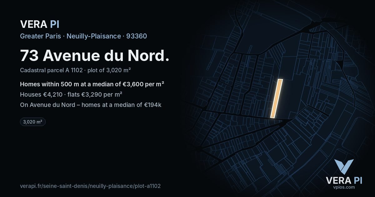 73 Avenue du Nord, Neuilly-Plaisance at night – the plot lit, the parcels around coloured by the prices near them